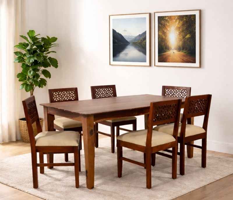 Enlop 6 Seater Solid Wood Dining Set with Premium Fabric Upholstery (WH OTD)