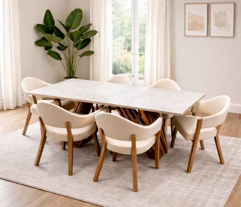 DT Lux/Dc 62 Dining Table-1+6 Chairs Ash Wood And Seramic Top Upholstery By Leatherette ( WF)