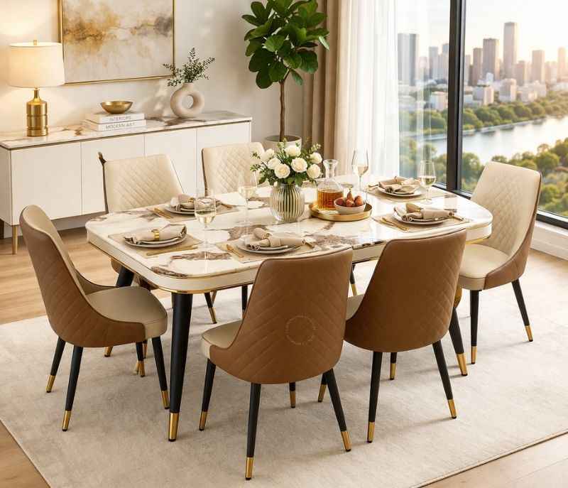 Imported C140 Table SY97 160x90+Y10 Chair Beige+Coffee 1+6 (KORA)