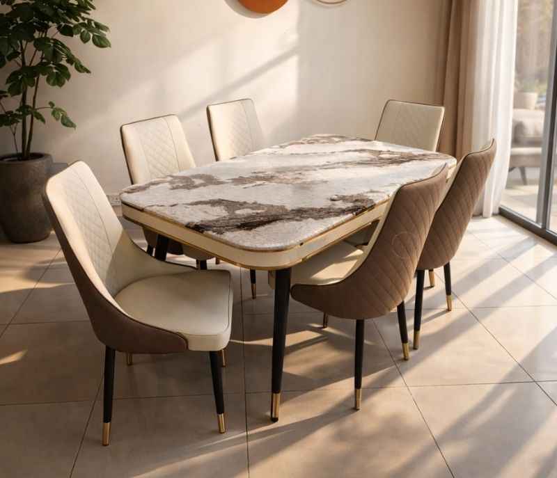 C-140-SY97/Y10 6 seater Marble Dining Table with Leatherette Upholstery (EC)(BSK)