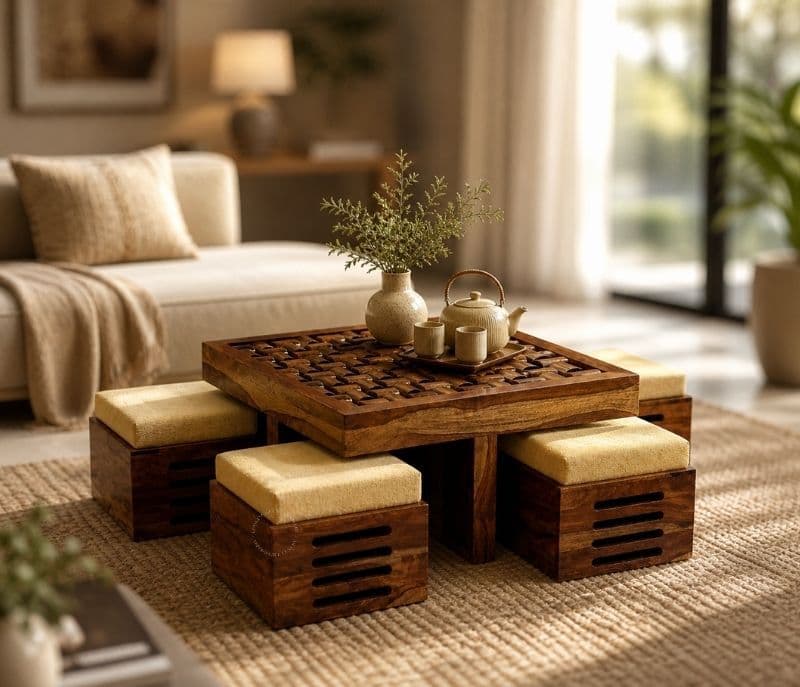 Nivaar 4 Stool Center Table Solid Sheesham Wood With Extra Glass And Cushions (SCV _PKU)