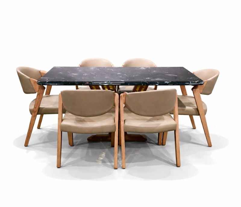 Image 3 for DT V/DC31/ PATA 1+6 Seater Chair Marble Top-Art Leather With Ash Wood PVDRMR (BS-CP)