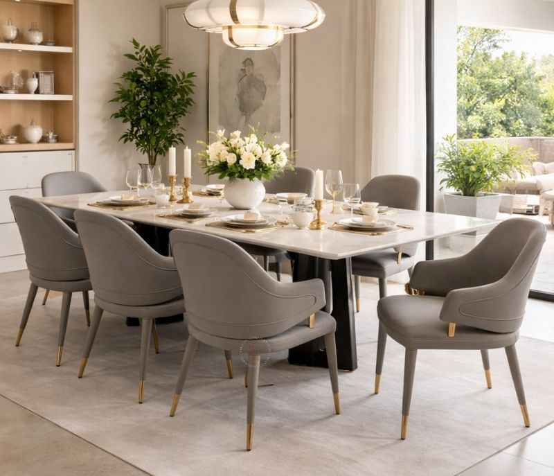 Image 2 for DT T67+C56+DINING CHAIR  ZL078 Marble Top Base With Ash Wood Metal Support 1+8 Seater