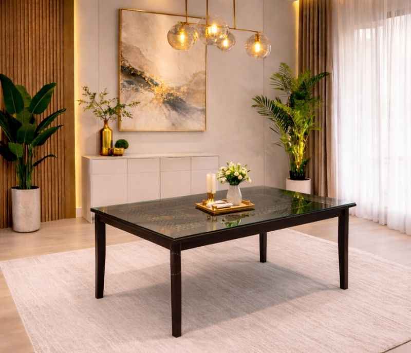 Chocolate DT 6 Seater Assam Teak Wood Dining Set with Fabric Upholstery (BTM) (WF)