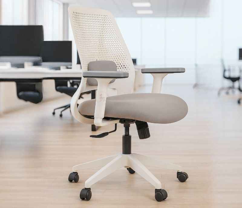 Rio Grey Office Chair with Adjustable Lumbar Support Modern Swivel Chair Padded White Frame Fabric Grey