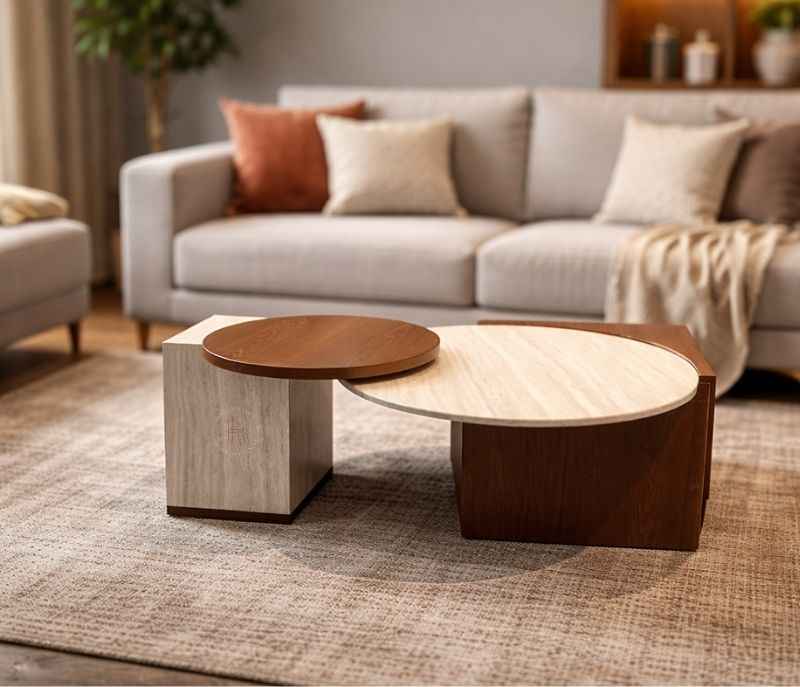 E290 Centre Table Plus Corner Table Marble Top With Wooden Base And Wood Top (HYD)