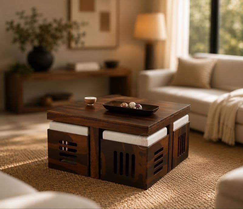 Odejia 4 Stool Center Table Solid Sheesham Wood With Cushions (SCV _PKU)