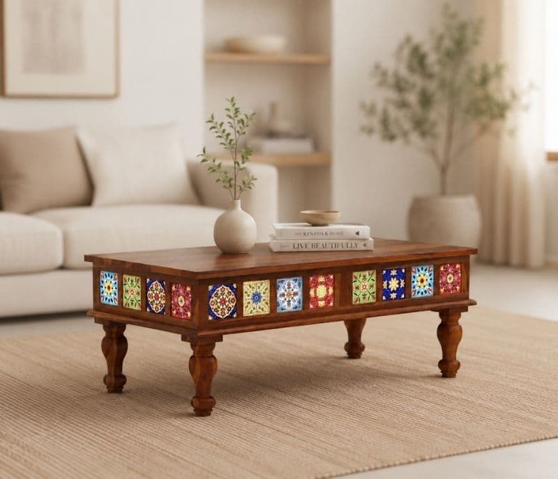 Tile Center Table Solid Sheesham Wood (Honey Finish) (SCV_PKU)