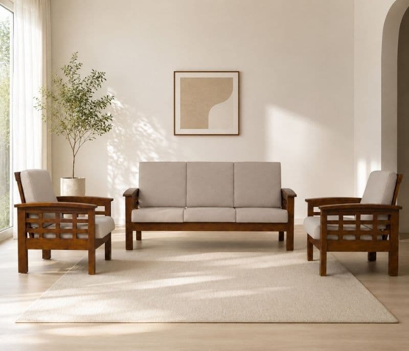 Checked Sofa 3+1+1 Seater Solid Rubber Wood (ZAM) (OWD)