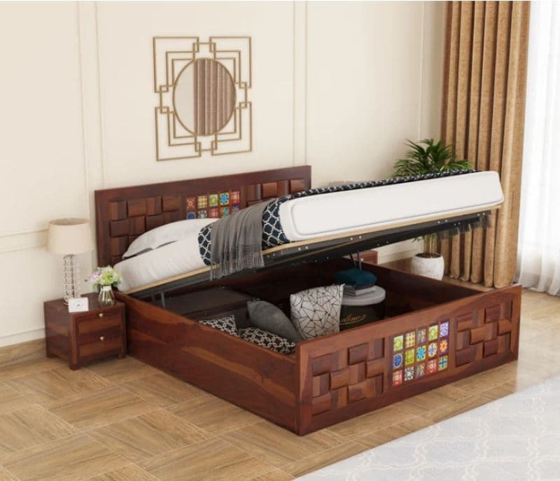 Image 2 for Tiles Sheesham Hydraulic Storage  Premium Solid Sheesham Wood Honey Finish (SCV _PKU)