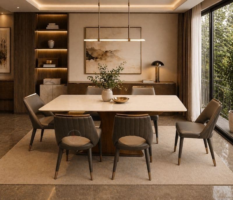 DT 803 ONYEX+DC 1058 GREY  CONFIGURATION 1+6 Onyex Marble Top With Ash Wood Base (HYD)