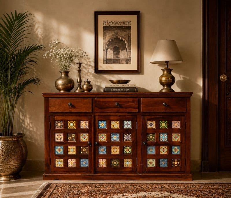 3 Door Tile Side Board Solid Sheesham Wood (SCV_PKU)
