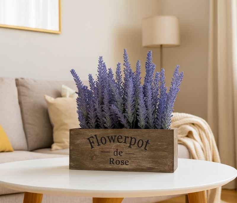 O-BO-109 Fake Lavender Plant with Decorative Tray WoodenSpring Decorations for Home Office, Cottagecore Country Farmhouse Decor, Bathroom, Porch Decor, Purple Room, Faux Flower Indoor Garden