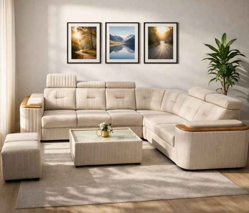 Romania Sofa Corner Elite L-Shape 2+1+C+2+CT+2 PUFFY Sofa (Suede, (BSK OTD)