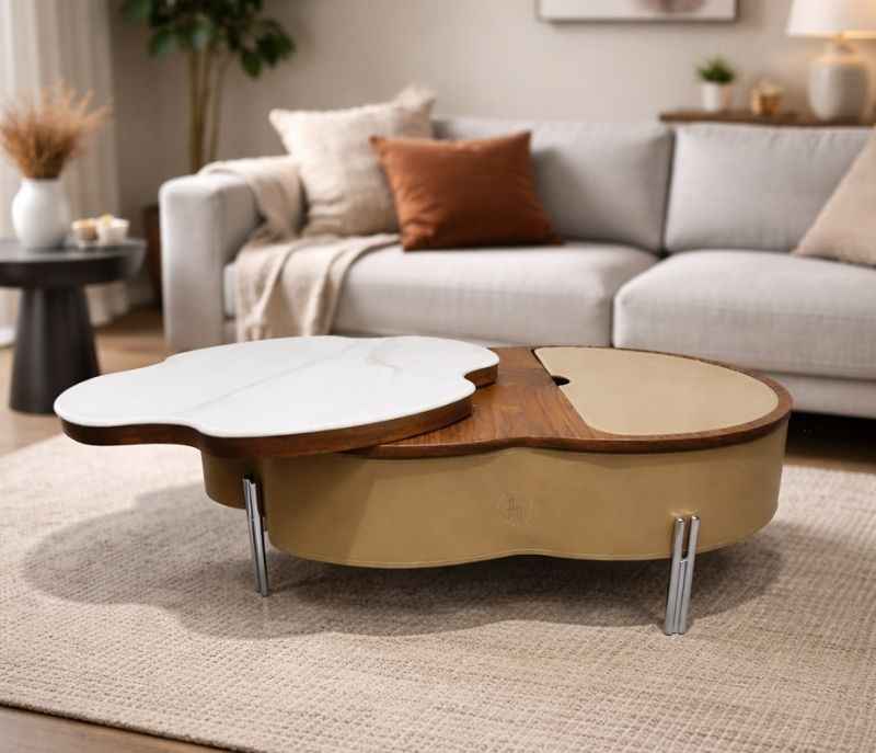 Center Table 3 Marble Top With Storage Combined Wood And Metal Legs Support (HYD)