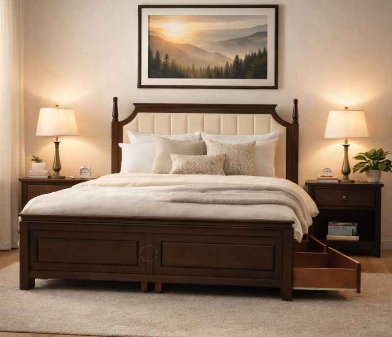 Pillar King Size With Storage and Drawer (Block Board, Dark Brown) (SKN)