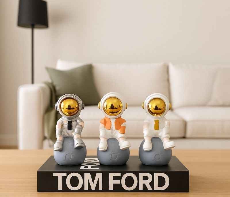 G-RA-03 A/B/C set of three decorative astronaut figurines white spacesuits with gold accents on the visors