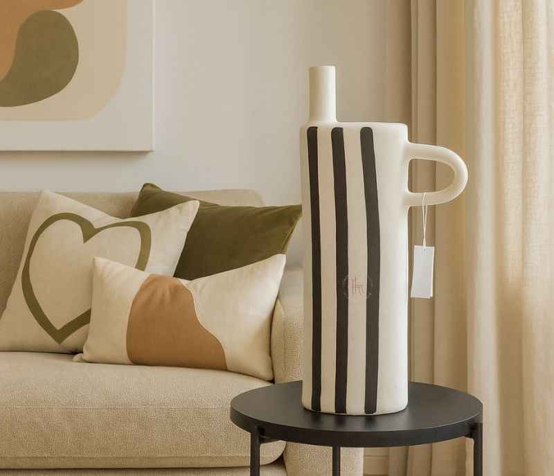 HCV-158 Black & White Ceramic Vase With Stripe & Handle Detail