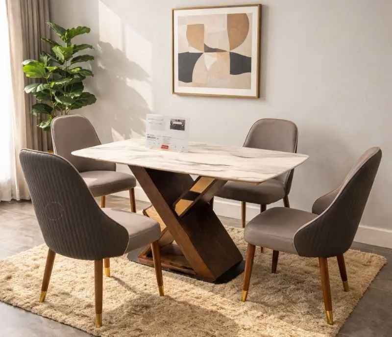 682-912 4 Seater Marble Dining Set with Premium Leatherette Upholstery (HYD OTD)