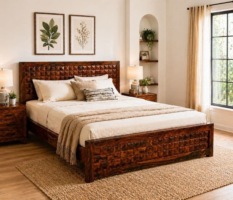 Sheesham Diamond Cot Hydraulic Storage King Size Premium Solid Sheesham Wood Honey Finish (BTM)