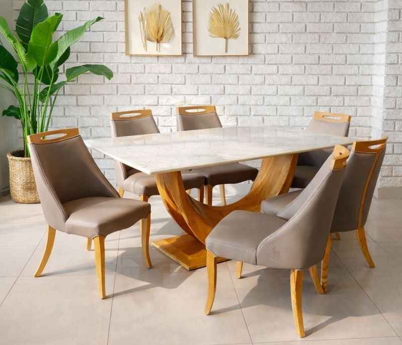 Sammy 6 Seater White Onyx Marble Dining Set with Premium Leatherette Upholstery (WF) (BWD) (KORA)(BSK)(CP)(BTM)