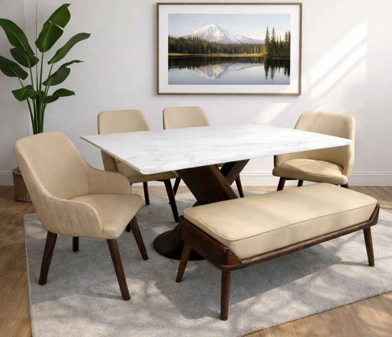 DT AXE /DC 334/8312 Dining table-1+4 chairs + Bench Ash wood and Ms plate with composite Marble Top (BSK)