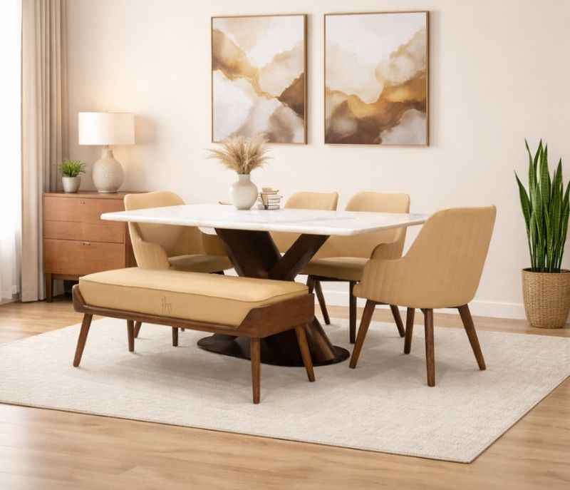DT Axe - Dc 334 Dining Table 1+4 Chairs +1 Bench Ash Wood And Composite Marble Top (SKN)
