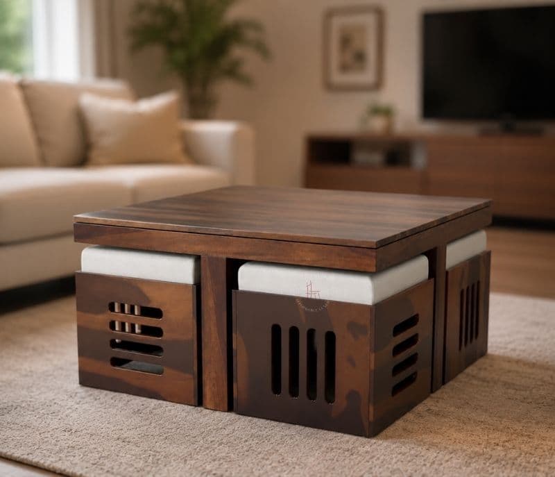 Image 4 for Odejia 4 Stool Center Table Solid Sheesham Wood With Cushions (SCV _PKU)