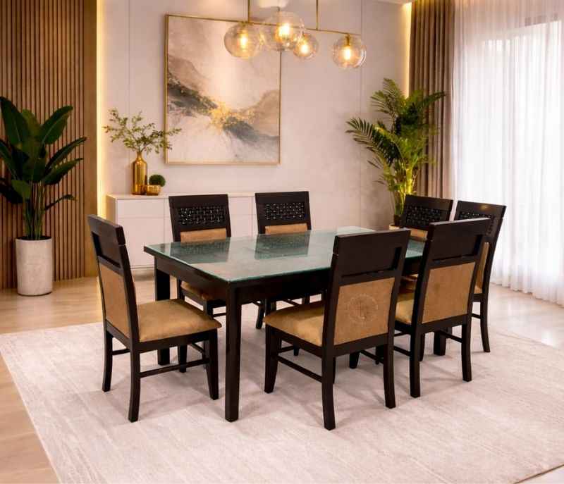 Chocolate DT 6 Seater Assam Teak Wood Dining Set with Fabric Upholstery (BTM) (WF)
