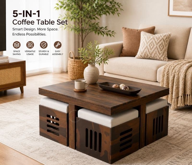 Image 3 for Odejia 4 Stool Center Table Solid Sheesham Wood With Cushions (SCV _PKU)
