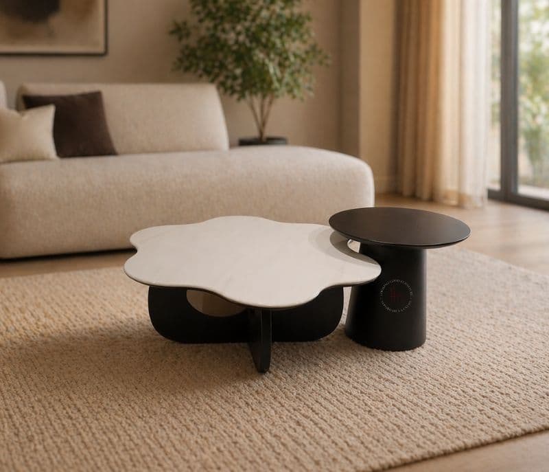 Centre Table 9002 Corner Table Marble Top With Ash Wood With Wooden Corner Table (HYD)