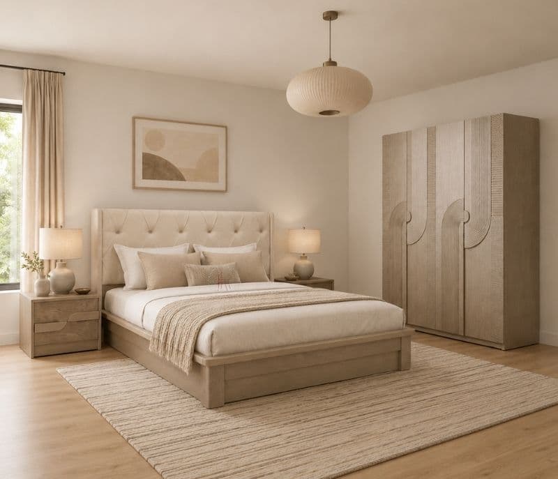 21004 Bedroom Set King Size Hydraulic Bed  2 Bed Side Tables & Wardrobe (WF)