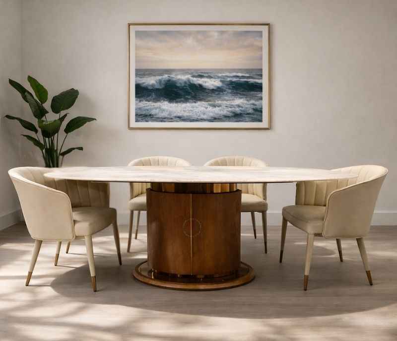 M19/ZL2002 6 Seater Marble Dinign Set with Solid Ash Wood and Premium Leatherette Upholstery (HYD)