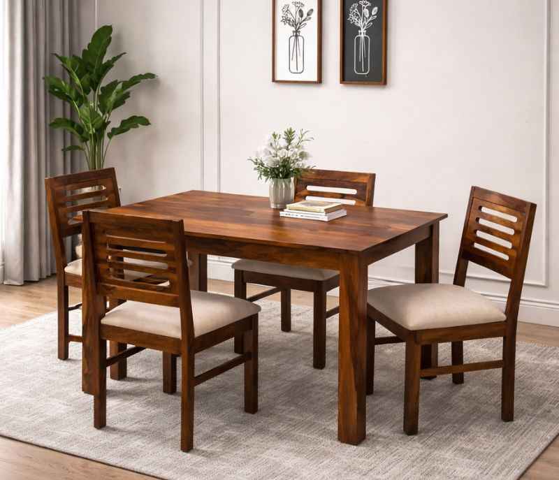MH Premium Sheesham Wood 4 Seater Dining Set with Cushioned Chair