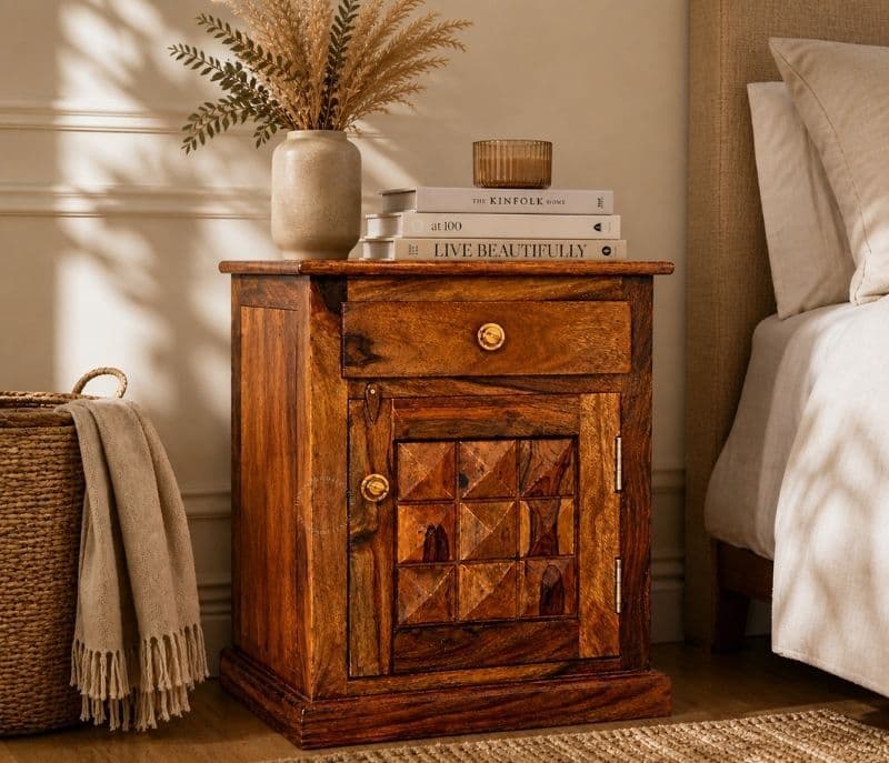 Diamond Bed Side Table Solid Sheesham Wood Honey Finish (SCV _PKU)