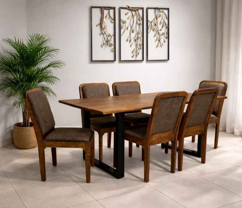 Image 2 for Live Edge Dining Set Table 4+Bench Acacia Wood with Premium Fabric  (WH)(EC)(HYD)(BWD)(BSK)