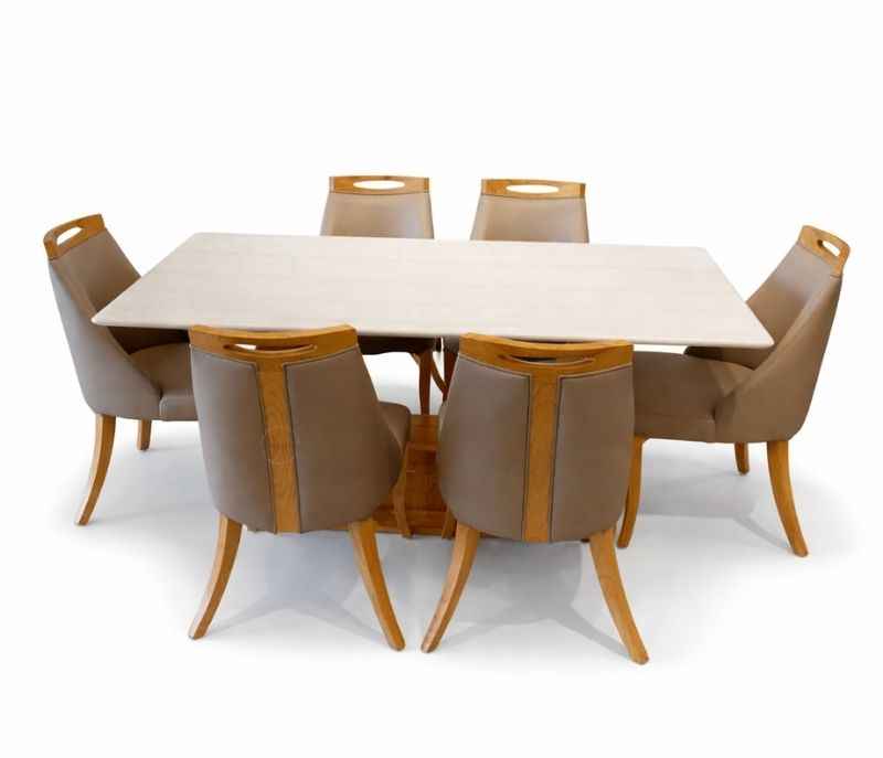 Image 3 for Sammy 6 Seater White Onyx Marble Dining Set with Premium Leatherette Upholstery  (BWD)(BS - BSK)(CP)(SKN)(BS-EC)(BS-BTM)(BS-KORA)