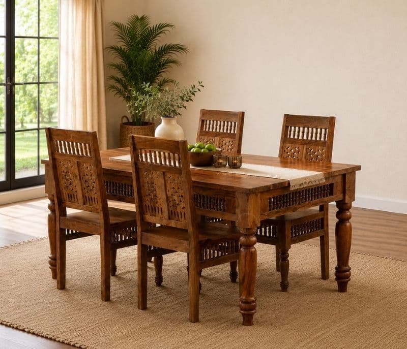 Vintage Solid Sheesham Wood Ghilli Design Dining Table Set 1+4 Seater (SCV-PKU)