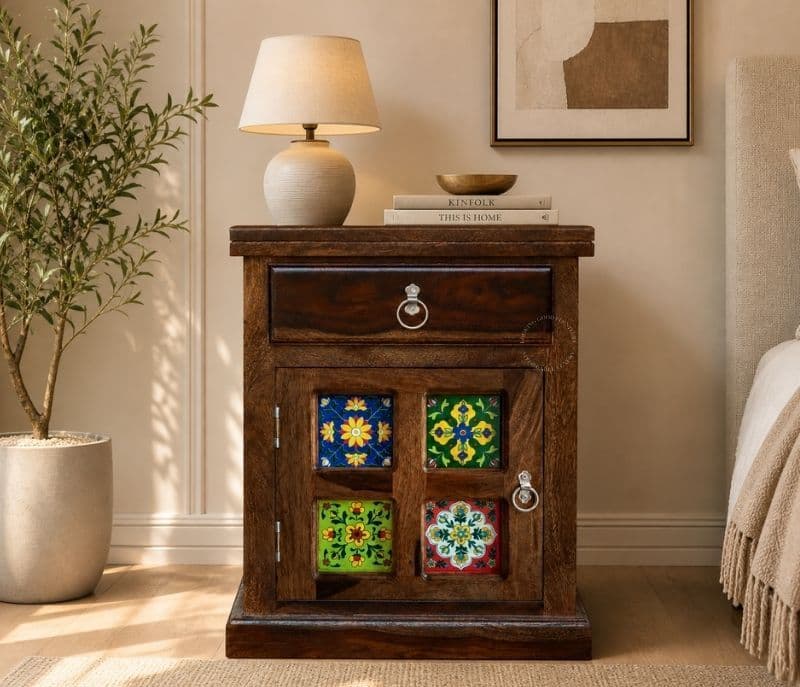 Tile Bed Side Table  Solid Sheesham Wood Honey Finish (SCV _PKU)