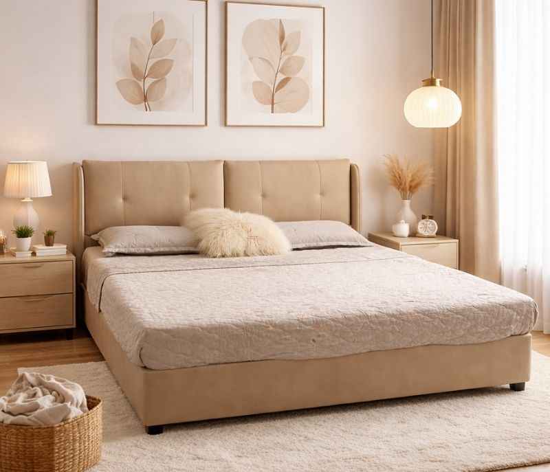 2301-180 Beige King Size Hydraulic Storage Leather Upholstery With Pine Wood Frames (HYD)