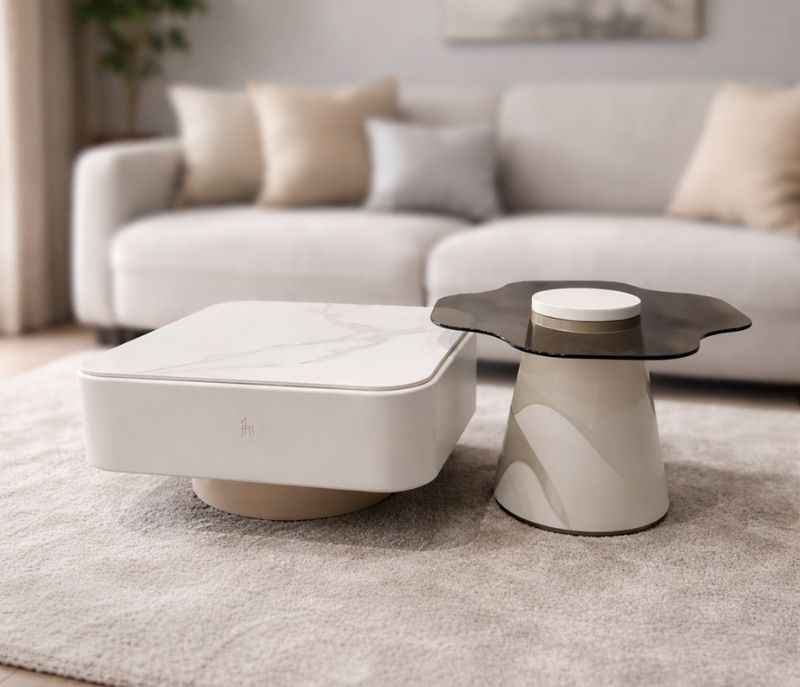 3126C Centre Table Marble Top Plus Corner Table With Glass Top And Wood Base With Duco (HYD)