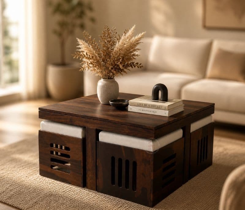 Odejia 4 Stool Center Table Solid Sheesham Wood With Cushions (SCV _PKU)