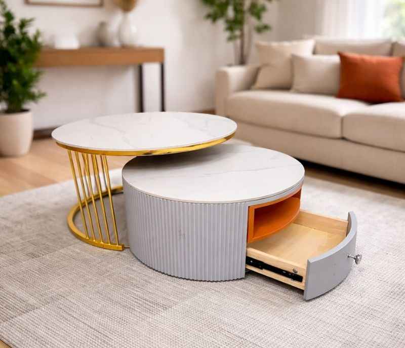 Centre Table 909 White Ceramic Top With Metal Base And Drawer With Storage (HYD)