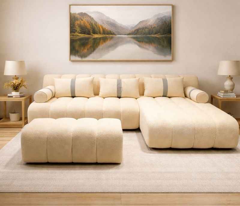 Compa Sofa 3+ Lounger Plus Puffy Fabric Upholstery Solid Miranda Wood (HYD)