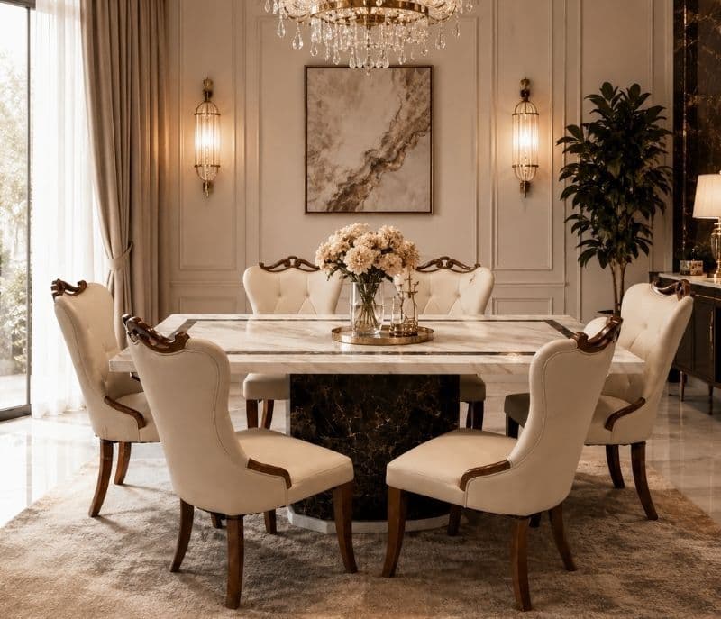 606 6 Seater Marble Dining Set with Premium Leather Upholstery (BSK)