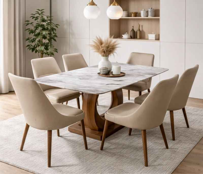 6662/603 Dining Set 1+6  5D Marble Solid Rubberwood Base With PVD Base Rubber Wood Chairs (BWD OTD)