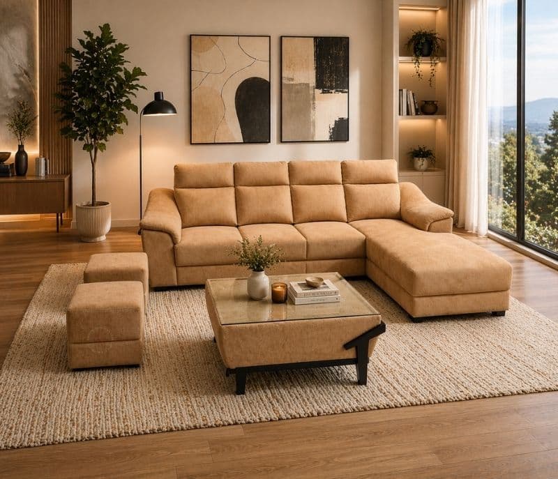 PETRIO SOFA 3+Lounger +Centre Table +Glass + 2 Number Puffy (BTM)