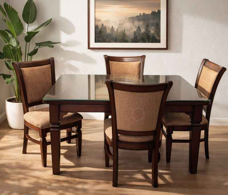 Classic 44 Dining Set 1+4 Assam Teak Wood Ply Veneer Top With Glass (KORA)