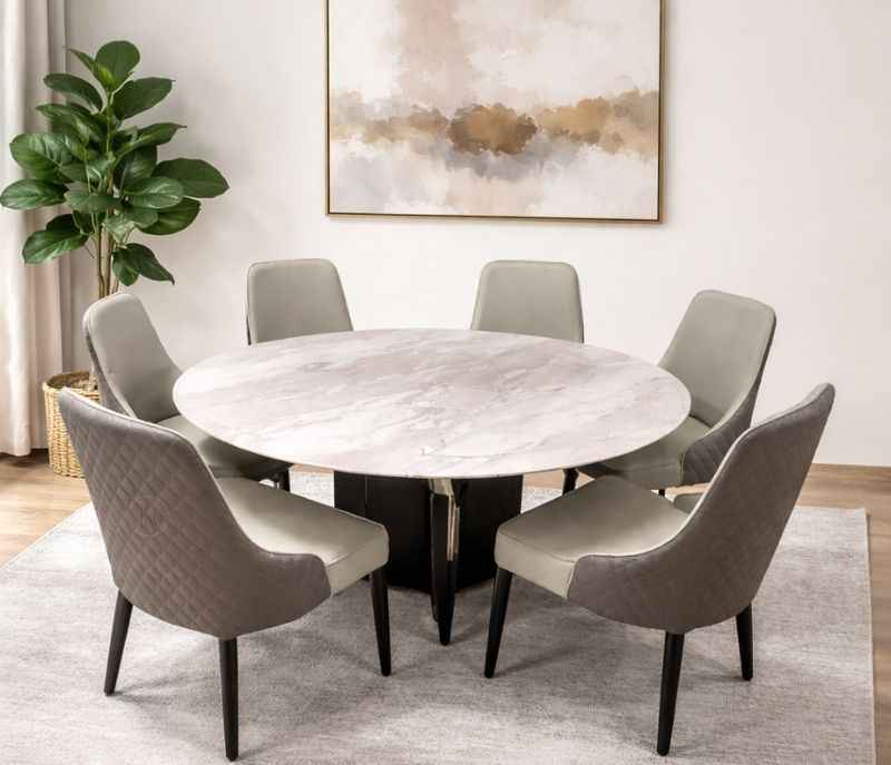 623 6 Seater Marble and Rubberwood Dining Set with Premium Leatherette Upholstery (BWD)