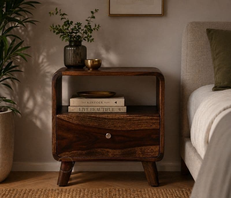 Jelks Bedside Table Solid Sheesham Wood Honey Finish in Scratch Resistant Provincial (SCV _PKU)